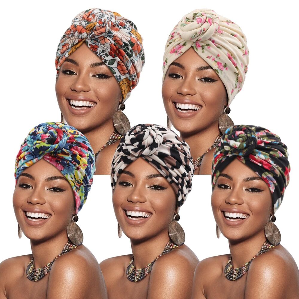 3021 5 Pack Knotted Headwraps African Turban Pre-Knotted Beanie Headwraps